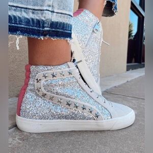 Vintage Havana Womens Ray Glitter High Top‎ Sneakers w/Pink Back Stripe Size 11